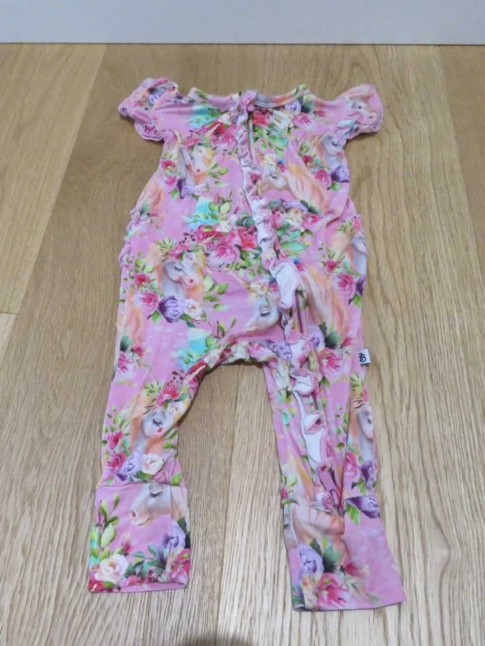 LITTLE BUM BUMS Horn to be Wild Unicorn Ruffle Baby Romper Bamboo 6-9 Months